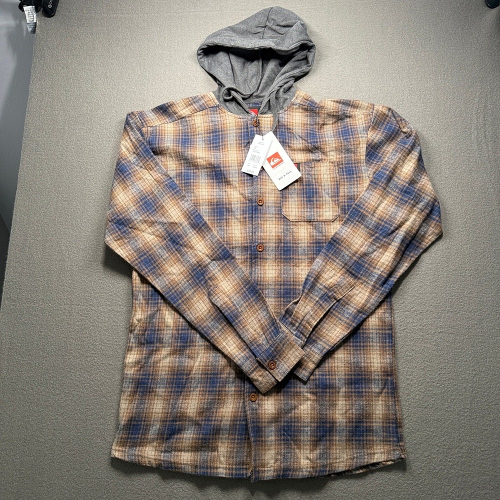 Quiksilver Hooded Flannel Men MT Khaki Plaid Long Sleeve Shirt QSFLNHD02KL